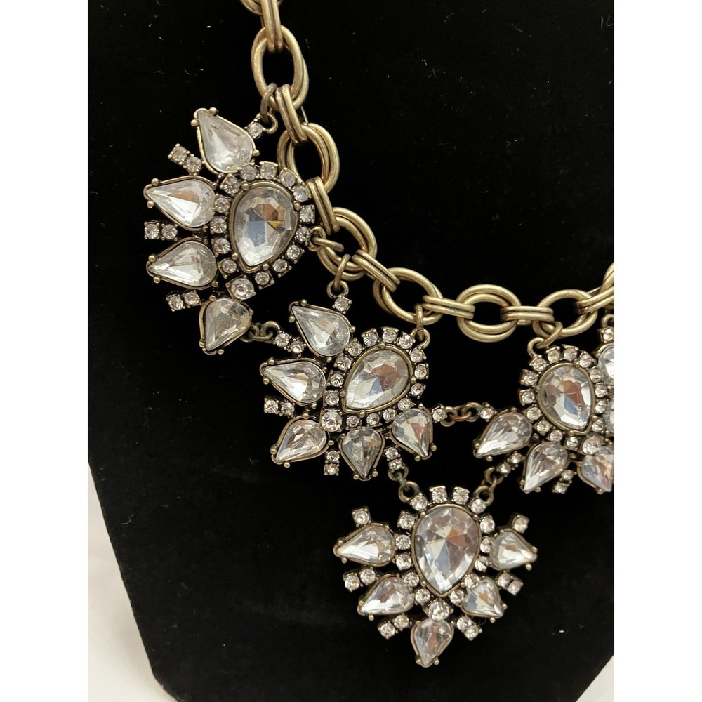 Teardrop Rhinestone Crystal Statement Necklace Antiqued Gold Tone Hollywood Glam - Picture 4 of 9